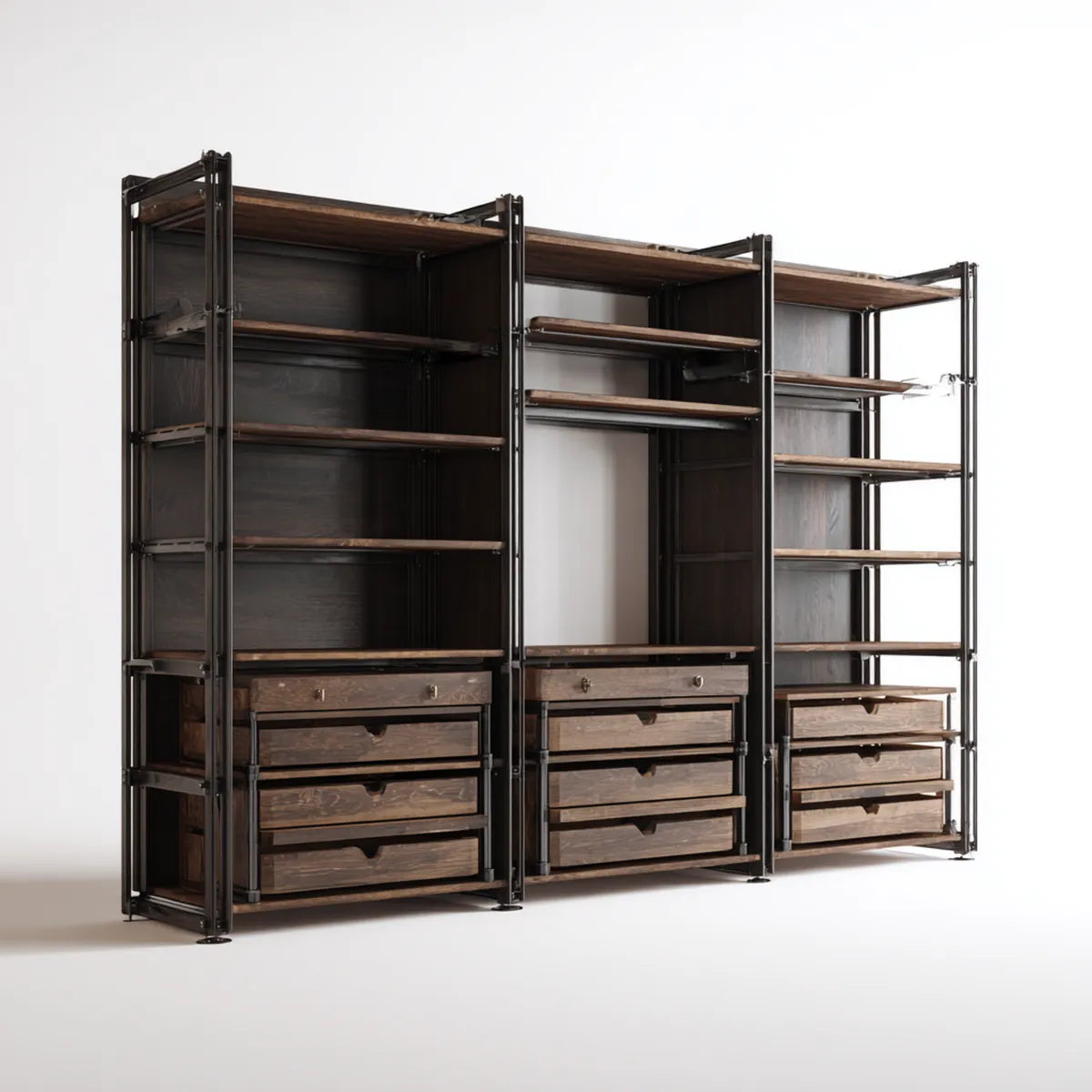 Dressing ouvert modulable 3 modules brun foncé et noir en MDF et acier 300 x 45 x 220 cm