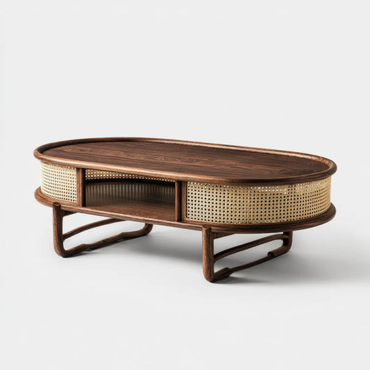 Table basse ovale marron 120 x 60 x 45 cm en bois massif et rotin naturel