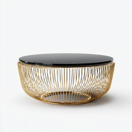 Table basse ronde noire et dorée Ø80 x H40 cm plateau en verre trempé base en acier