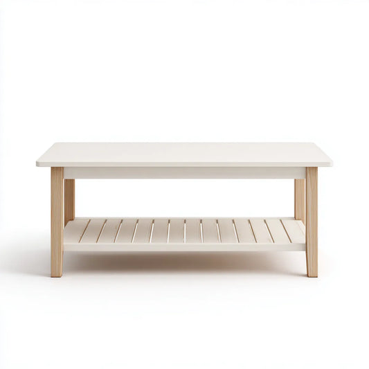 Table basse rectangulaire blanche et naturelle 100 x 50 x 45 cm en MDF et bambou avec étagère