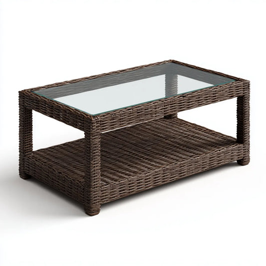 Table basse rectangulaire marron en rotin naturel avec plateau en verre trempé 100 x 60 x 45 cm
