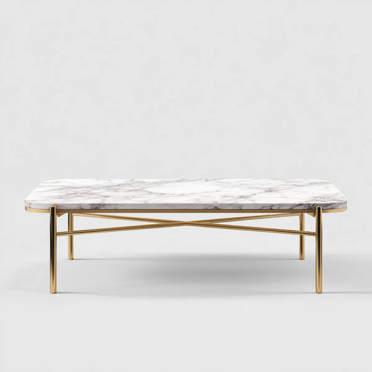Table basse rectangulaire blanche et dorée 120 x 60 x 45 cm plateau effet marbre structure acier inoxydable