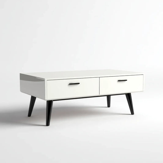 Table basse avec 2 tiroirs blanche 100 x 50 x 45 cm en panneaux MDF et bois massif rectangulaire