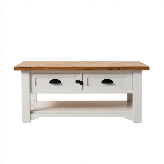 Table basse avec 2 tiroirs blanc naturel 120 x 60 x 50 cm pin massif et MDF rectangulaire