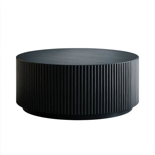 Table basse ronde noire Ø 80 x H 35 cm en MDF plaqué frêne à relief cannelé