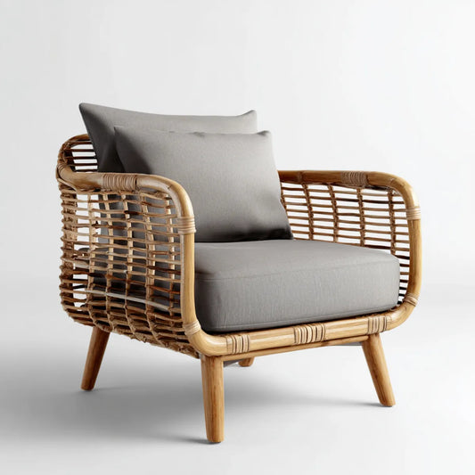 Fauteuil de salon en rotin naturel marron avec coussins gris 78 x 75 x 80 cm