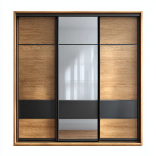 Armoire coulissante 3 portes chêne naturel noir et miroir 200 x 60 x 220 cm en panneaux mélaminés