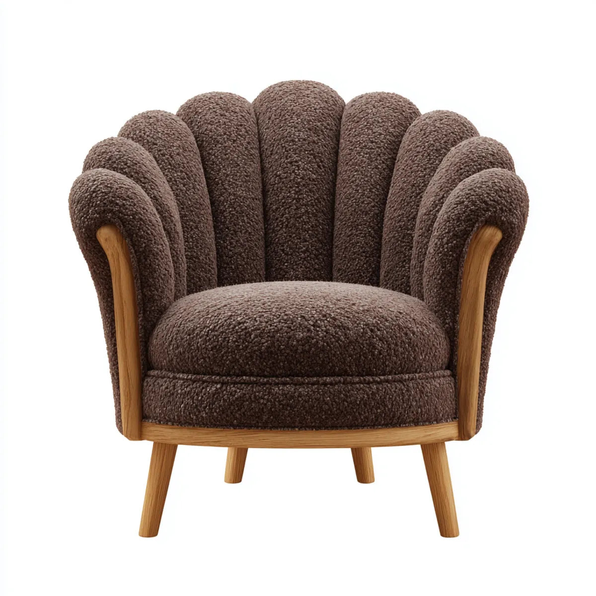 Fauteuil coquille marron en polyester bouclé et bois massif 78 x 76 x 82 cm