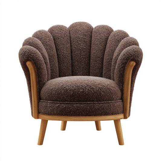 Fauteuil coquille marron en polyester bouclé et bois massif 78 x 76 x 82 cm
