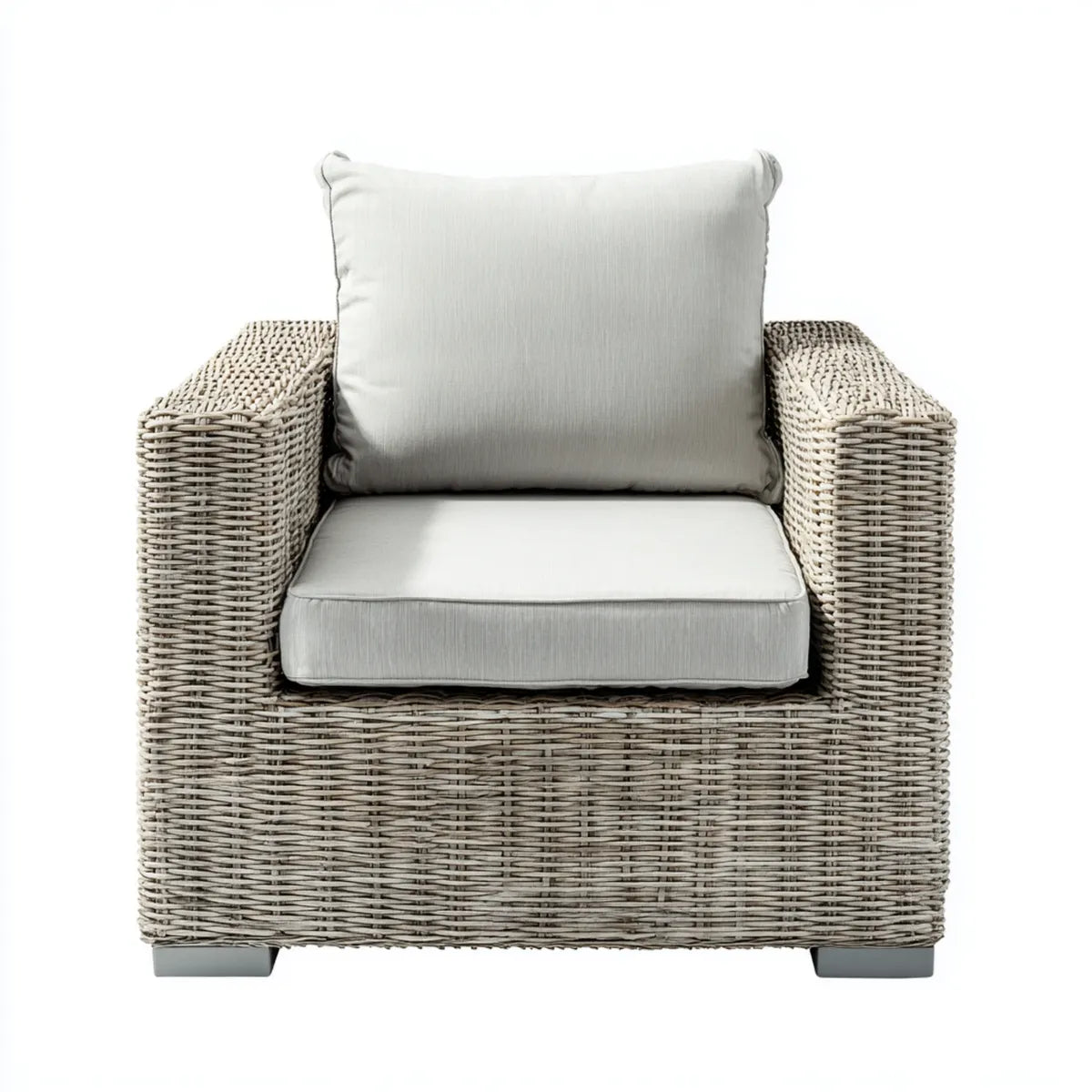 Fauteuil de salon carré gris clair 85 x 85 x 80 cm en résine PE tressée avec coussins en polyester