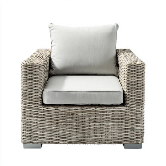 Fauteuil de salon carré gris clair 85 x 85 x 80 cm en résine PE tressée avec coussins en polyester