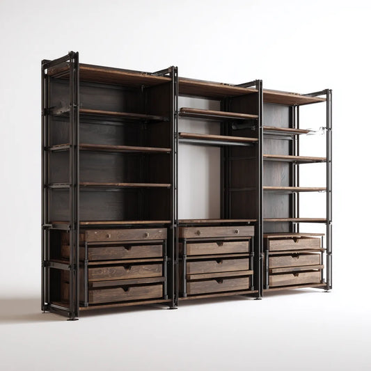 Dressing ouvert modulable 3 modules brun foncé et noir en MDF et acier 300 x 45 x 220 cm